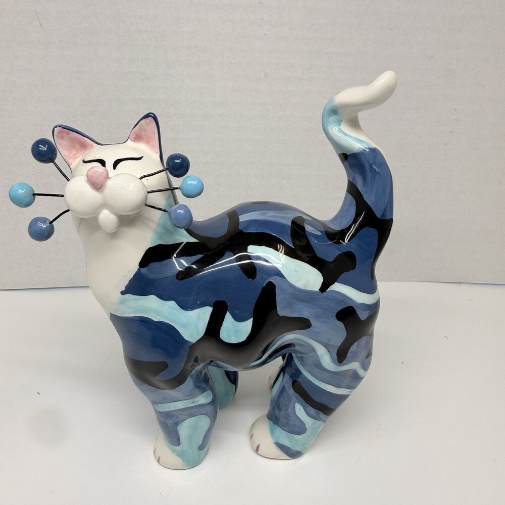 WhimsiClay Cat Amy Lacombe Annaco 2003 GI Military Blue Camouflage Kitty Vintage